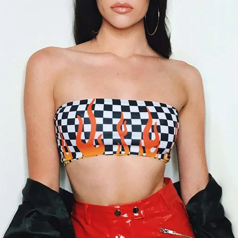 2018 Summer Women Sexy Strapless Tube Top Impreso Bandeau Sin mangas Crop Top Jaded London Flames Checkered Wrap Chest