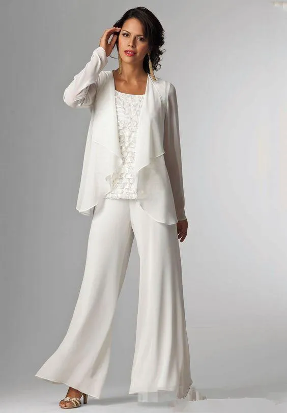 White Chiffon Mother Of Bride Groom Pant Suit For Wedding Long Sleeves ...