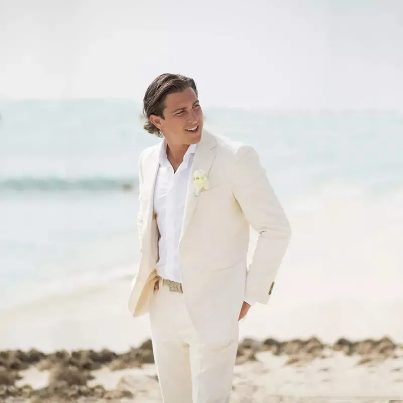 Fildişi Slim Fit Keten Düğün Takımları Yaz Plaj Damat Smokin 2 Parça (Ceket + Pantolon) Damat Erkekler Suits Blazer Balo ...