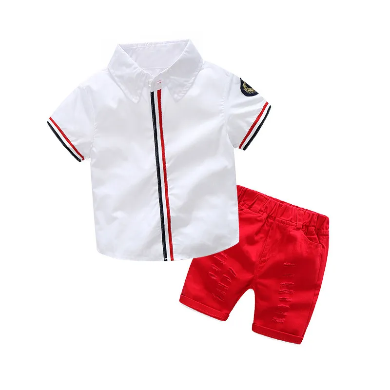 Kid Chłopiec Pasiasty With Koszula Ripped Czerwone Szorty Odzież Outfit 2-częściowy Zestaw Outfits Letnie Dzieci Baby Boys Casual Party Odzież Maluch