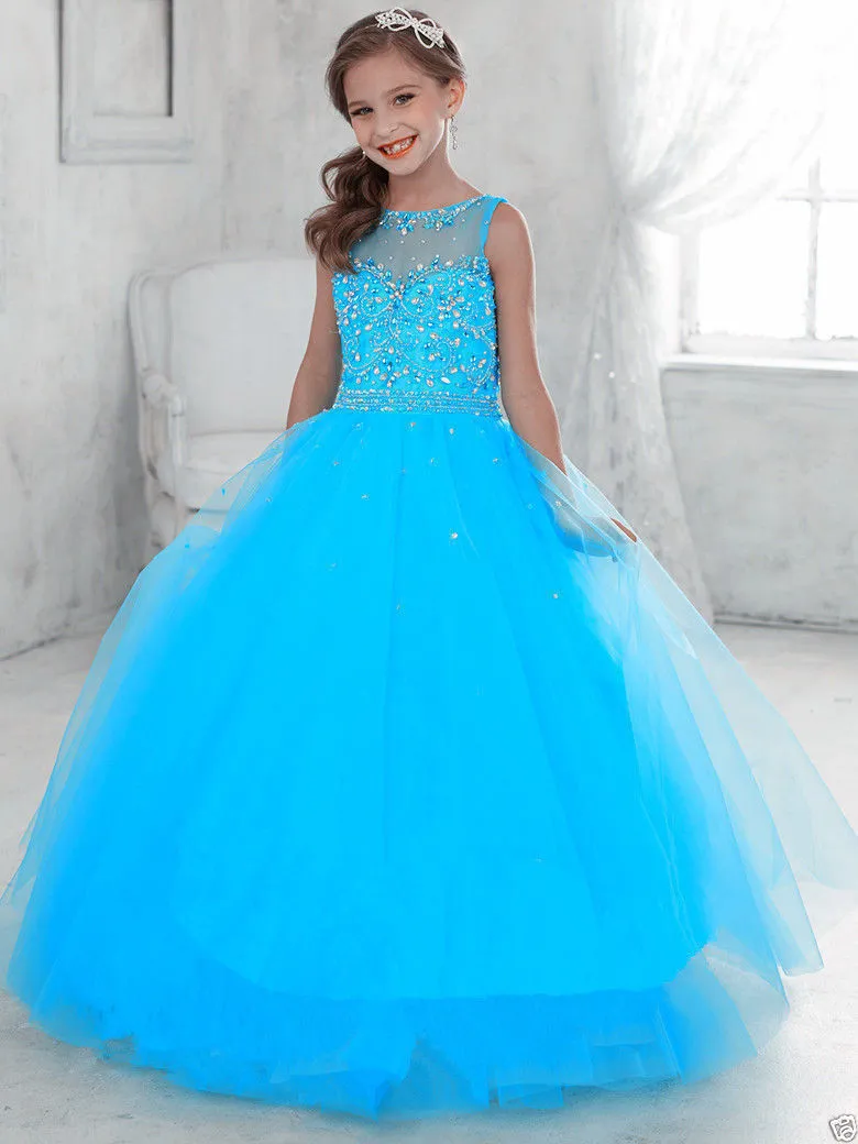 2019 New Girls Pageant Dresses Princess Tulle CHER Jewel Crystal Crystal White Coral Kids Flower Girls Dress Birthday Gown24m