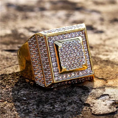 ICED OUT Men's 14K Gold Rings Cluster Layered Squares Ring Sizes Micro Pave CZ Hip Hop Jewelry