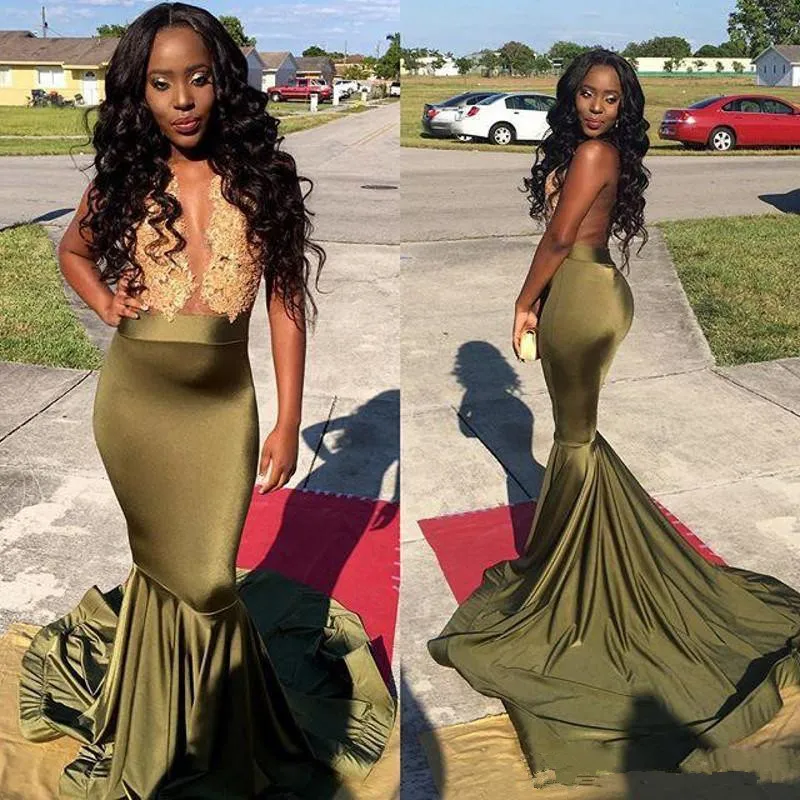 Olive Green African Prom Dresses 2021 Gold Lace Appliques Satin Mermaid Evening Gowns Black Girl Cocktail Formal Party Dress