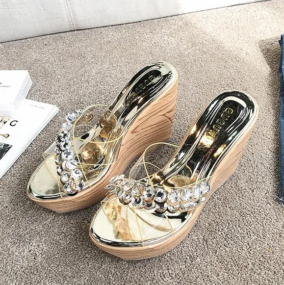 Luxo transparente PVC prata cunhas de cristal de ouro chinelos de designer sapatos de plataforma de salto alto tamanho do verão 34 a 39