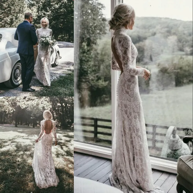 Boho Mermaid Full Lace Bröllopsklänningar High Neck Långärmad Chic Backless Bridal Dress 2018 Plus Storlek Sexig Landstrand Bröllopsklänningar