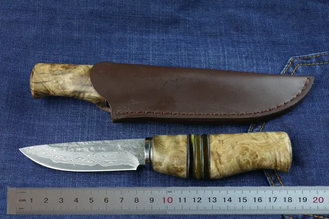 Överlevnad rak kniv damaskus stålblad skugga trä + hornhandtag fasta blad jagar knivar med lädermantel
