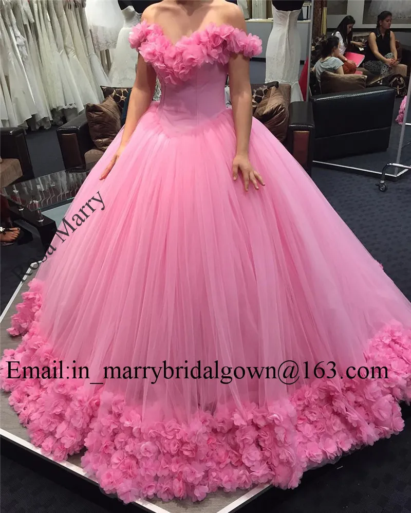 Princess Pink Sweet 16 Quinceanera Prom Dresses 2020 Ball Gown Off Shoulder Hand Made 3D Flowers Vestidos 15 Anos Plus Size Pageant Giwns