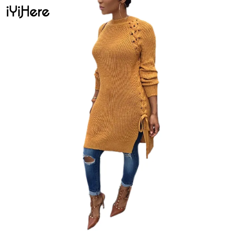 Long Sweater Dress Long Sleeve Round Neck Autumn Winter Warm Women Pullovers Sweater Hole Sexy Side Split Lace Up Women Sweaters