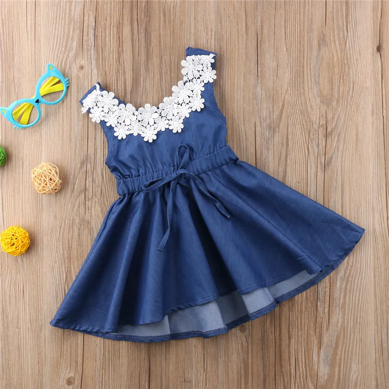 2018 New Girls Dresses Kids Clothing Baby Girl Summer Lace Flower Denim Dress Princess Party Pageant Baby Dress Children Sleeveless Sundress