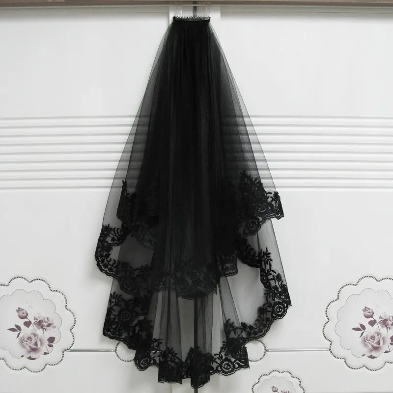 Unique Two Layer Fingertip Lace Bridal Veil Black... From  display picture 3