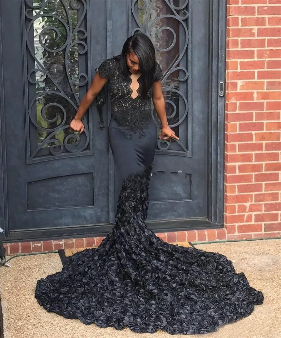 African Black Girls Long Train Pageant Prom Gowns Elegent Scalloped Queen Anne Neck Black 3D Rosette Mermaid Prom Dresses