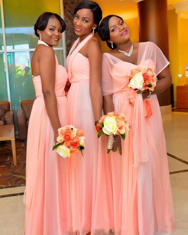 Plus Size Halter Ruffled Chiffon Pink Tulle Bridesmaid Dress With