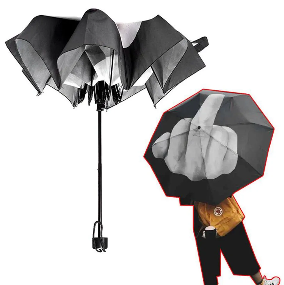 Middelvinger Paraplu Regen Winddicht Up Up Umbrella Creatieve opvouwbare Parasol Fashion Impact Zwart Paraplu OOA4505