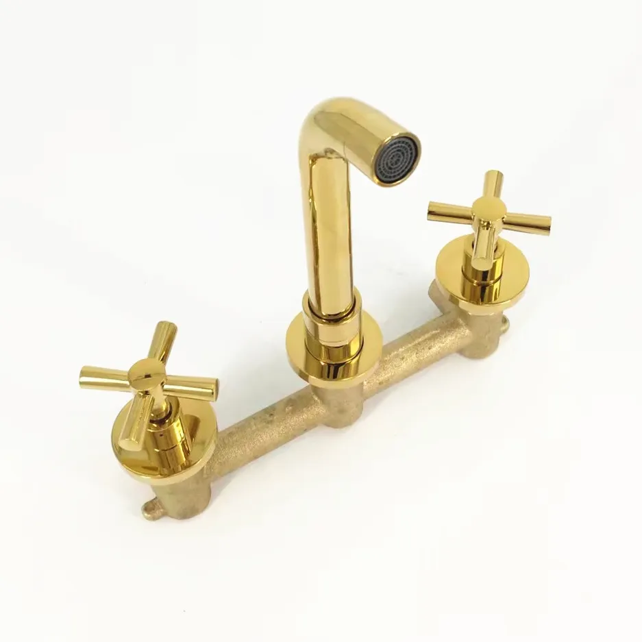 ROLYA Luxurious Golden Solid Brass Three Holes Dual Handles Wall Mounted Basin Faucets Bathroom Sink Mixer Tap