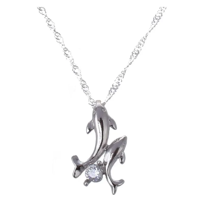 Femmes fille nouvelle mode mignon argent plaqué Double dauphin strass chaîne courte pendentif collier bijoux accessoires 250H
