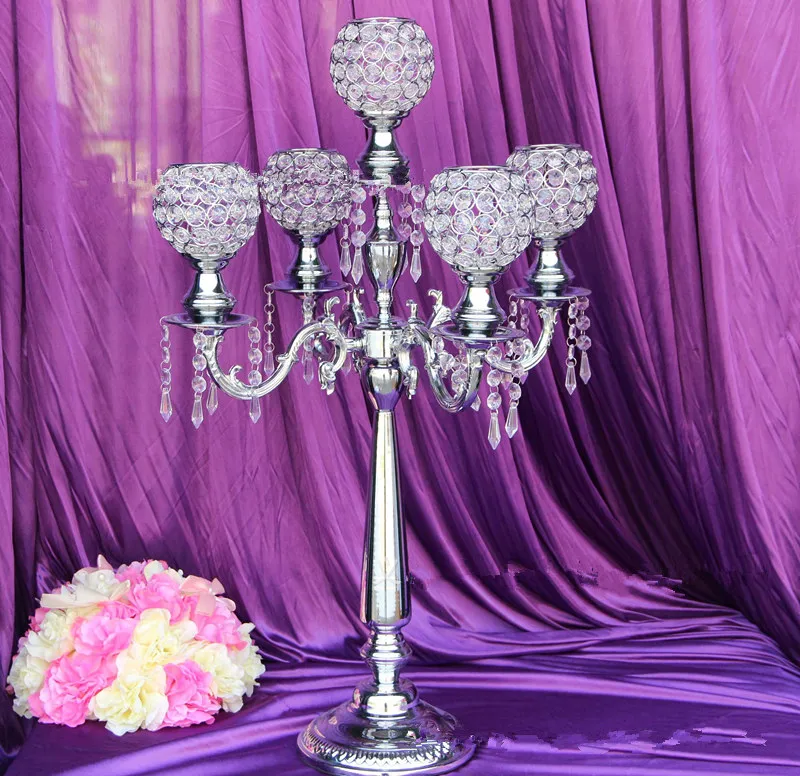 prodotto elegante centrotavola alto in metallo e candelabri in cristallo matrimonio oro, candelabro in argento decorazione a 5 bracci spedizione veloce