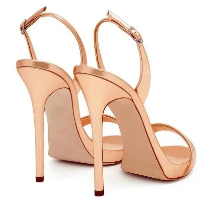 2018 золото лакированная кожа женщины Slingback сандалии вырез тонкие каблуки лето Dress обувь Леди свадьба обувь