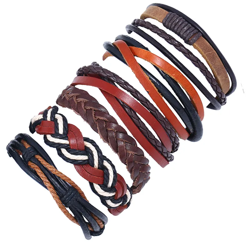 Vintage Genuine Leather Bracelets For Women 6pcs/set Multi-layer Weave Rope Wrap Bracelets & Bangle Men Jewelry Drop Shipping