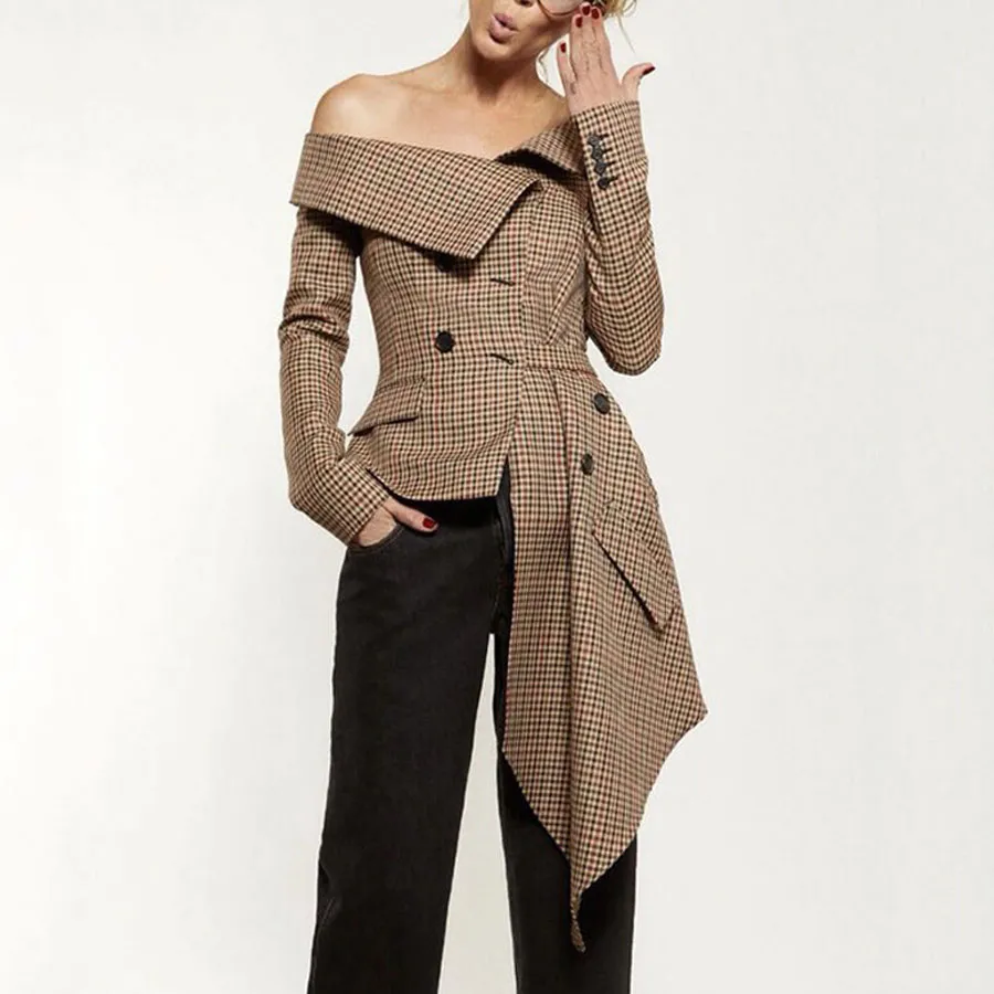 2018 New Autumn Women Blazers Coat Long Sleeve Asymmetric Plaid New Slash Neck Lady Office Brown Jackets Coat Casual Outfits