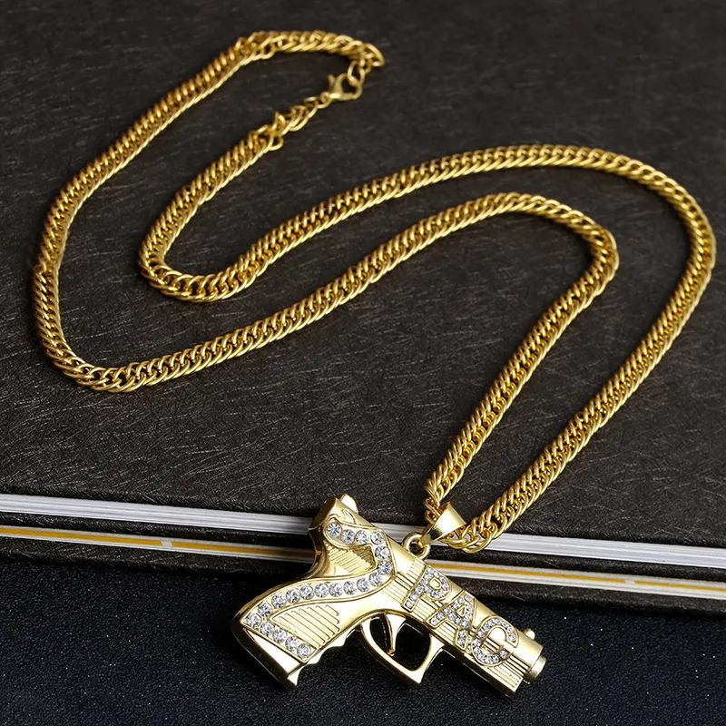 Fashion Hip Hop Iced Out Pendant Necklace Jewelry Gold Chain Gun Shape Pistol Pendant Necklace For Men