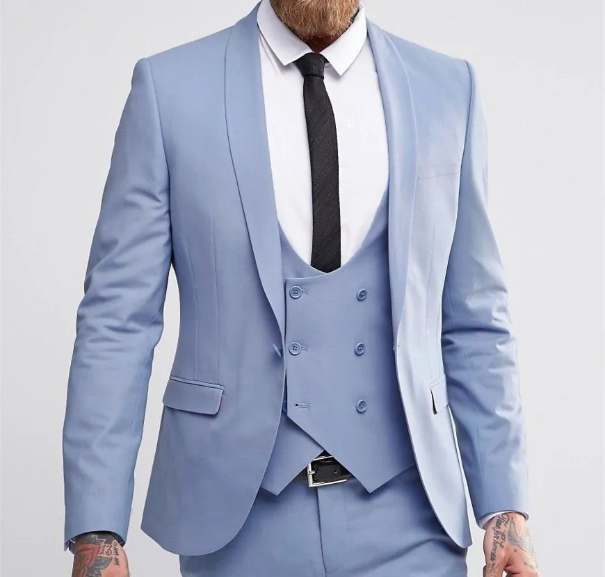 Light Blue Groom Tuxedos Szal Kapel One Button Center Vent Man Wedding Garnitur Mężczyźni Business Dinner Prom Blazer (Kurtka + spodnie + krawat + kamizelka) 390