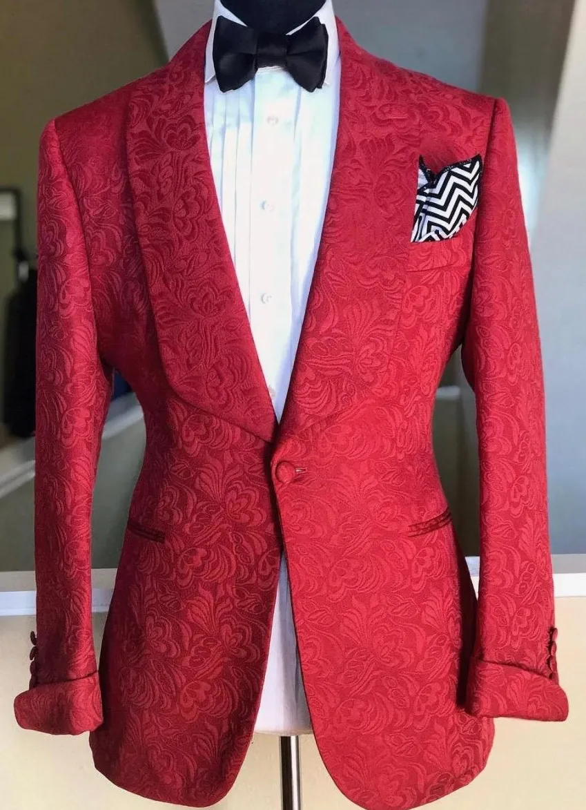 最新のデザイン赤いペイズリー男性のためのウェディングショールラペルのためのスーツのためのスーツのためのスーツのための襟の良い新郎新婦Tuxedos Slinフィット花嫁開花2ピース（ジャケット+パンツ+ネクタイ）31