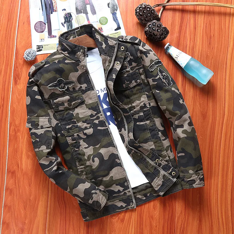 Nova moda masculina militar camuflagem jaqueta zíper pé colarinho outono masculino / jaqueta de inverno casaco de ferramentas militares