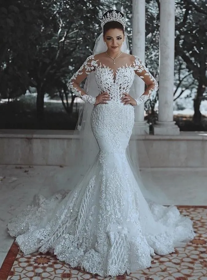 2019 Nowe Overtkirts Arabski Płaszcza Suknie Ślubne Klejnot Neck Zroszony Kryształ Koronki Aplikacje Długie Rękawy Plus Rozmiar Formalna Syrenka Suknia Bridal