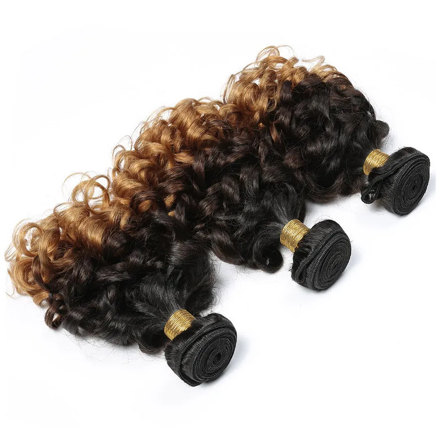 1b / 4/27 3 Tone Ombre Malezyjski Bouncy Kręcone Wiązki Włosów 10-30 Cal Dziewiczy Human Hair Extensions 8A Darmowa Wysyłka