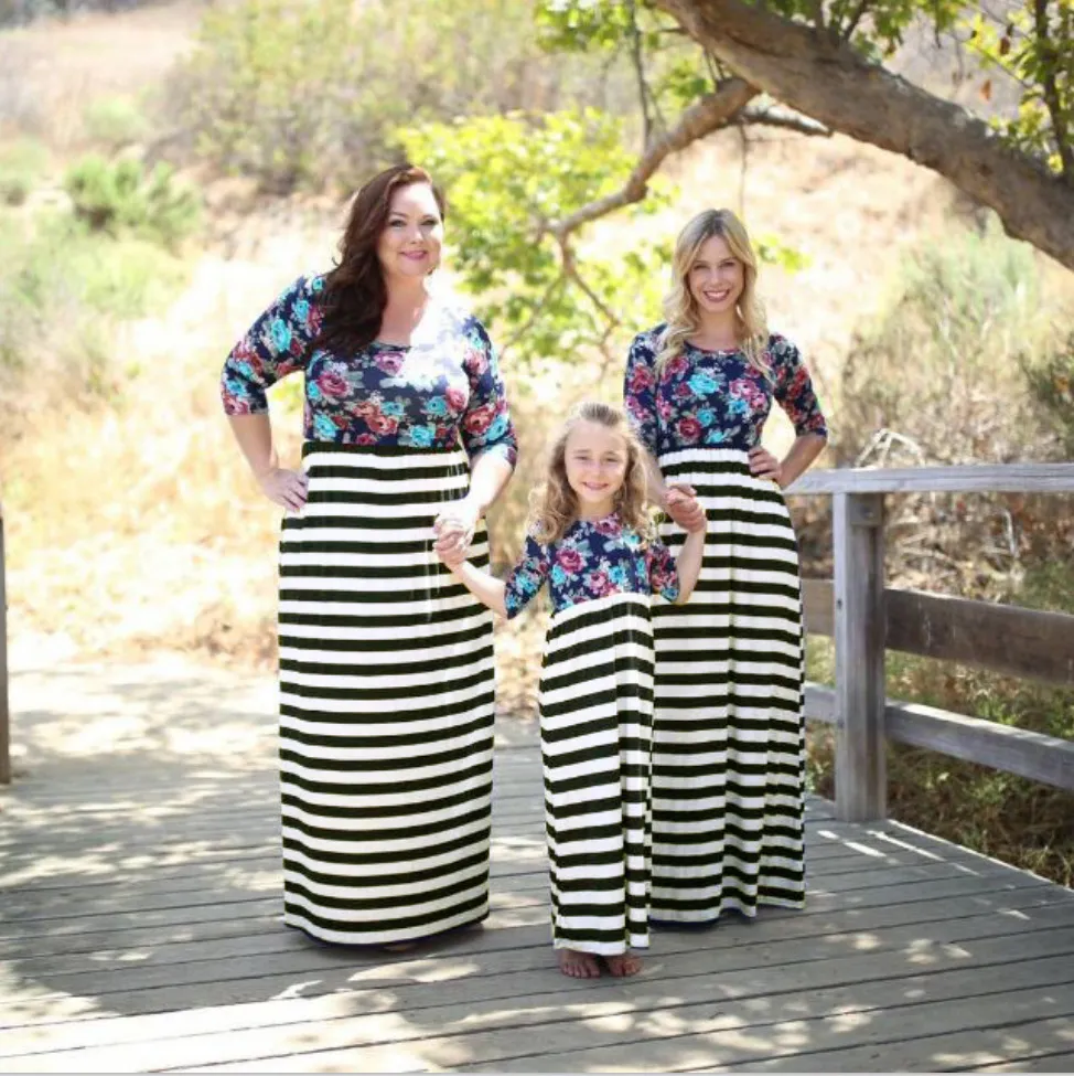 Mommy And Me Dresses Family Matching Clothes Mother And Daughter Dresses Family Matching Clothes Kids Parent Patchwork Stripe Floral Dresses