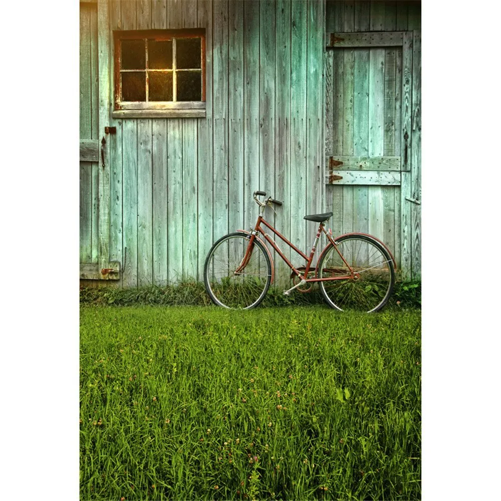 青いシャレー木製のドア写真の背景ビニール自転車緑の草の床の赤ちゃん新生児の写真小道具子供スタジオの肖像画の背景
