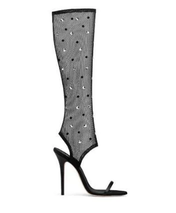 2018 черное кружево сетки Glatiator сандалии сапоги Peep Toe вырез Кристалл колено высокие сандалии сапоги тонкие каблуки лето платье обувь свободный корабль