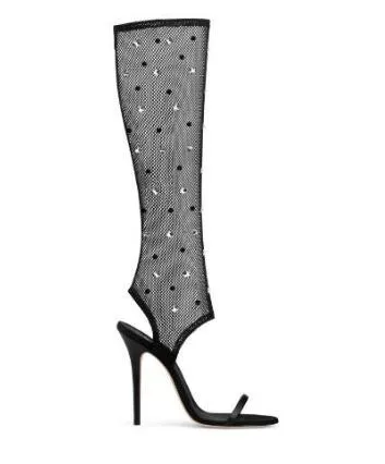 2018 Black Lace Mesh Glatiator Sandali Stivali Peep Toe Cut-out di cristallo al ginocchio sandali alti stivali tacchi sottili scarpe vestito estivo nave libera