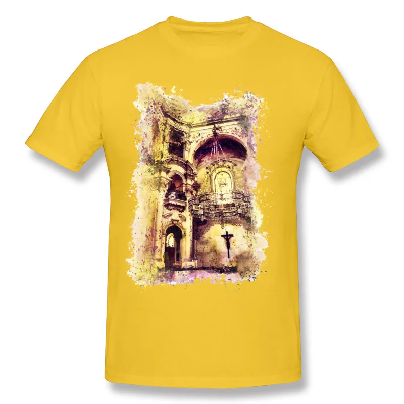 Hombre pour cent de coton Prague Church Tee-shirt Hombre Crew Neck Yellow Clain à manches