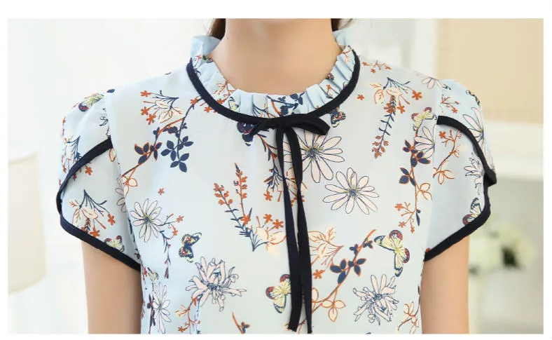 Yaz Çiçek Baskı Şifon Bluz Ruffled Yaka Yay Boyun Gömlek Petal Kısa Kollu Şifon Üstleri Artı Boyutu