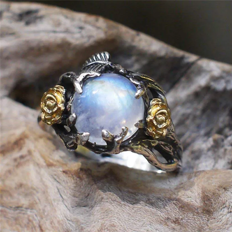 ROMAD Vintage Moonstone ring for Women Black Costume Jewelry Gold Flower Finger Ring Female  jewelry anillos mujer R4