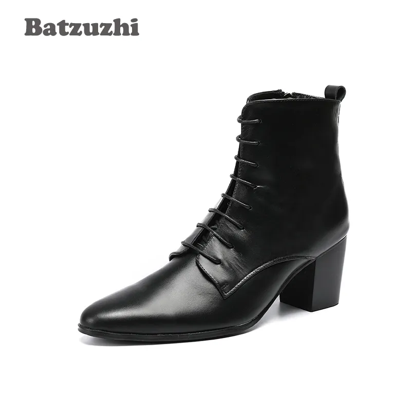 6,8 cm Heel Heel Boots Mężczyźni Czarne Prawdziwej Skóry Męskie Buty Skostnieniowe Wskazane Toe Lace-Up Bota Masculina Dress Boots Mężczyźni! Duże rozmiary US6-US12