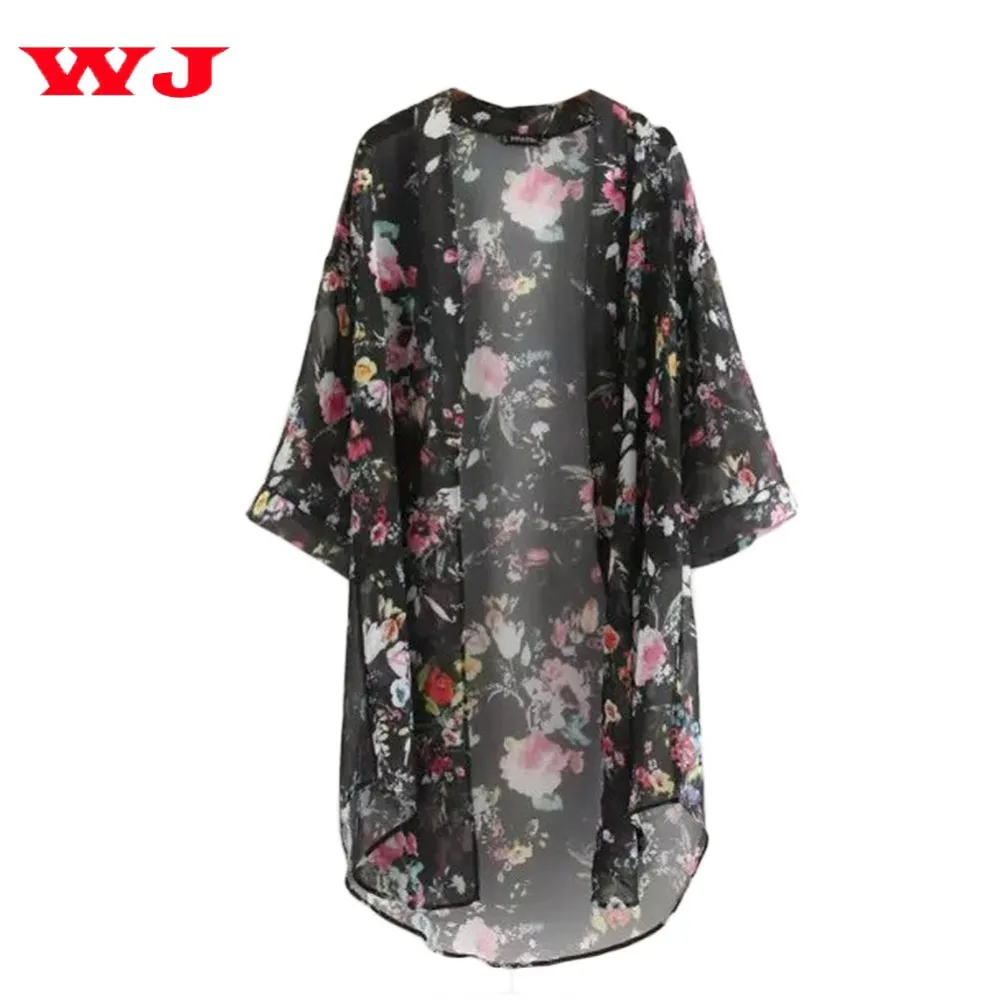 Atacado- Weixinbuy 2017 Verão Sun à prova de sol cardigan moda mulheres chiffon biquíni encobrir kimono casaco cardigan desgaste