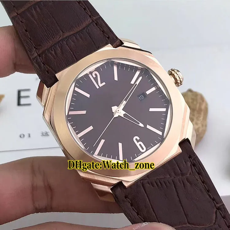 Octo Roma Finissimo 102702 Dial Brown Rose Gold Case Suíço Quartzo Mens relógio Data de couro Cinta de Alta Qualidade Gents Novos Relógios