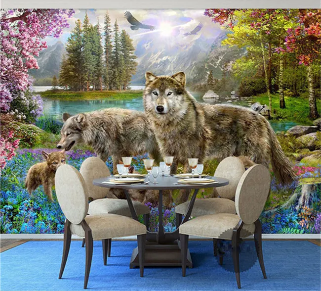 Foto personalizzata 3d wallpaper grigio lupo cani moderno bellissimo fiore di pesco TV sfondo carta da parati adesivo murale