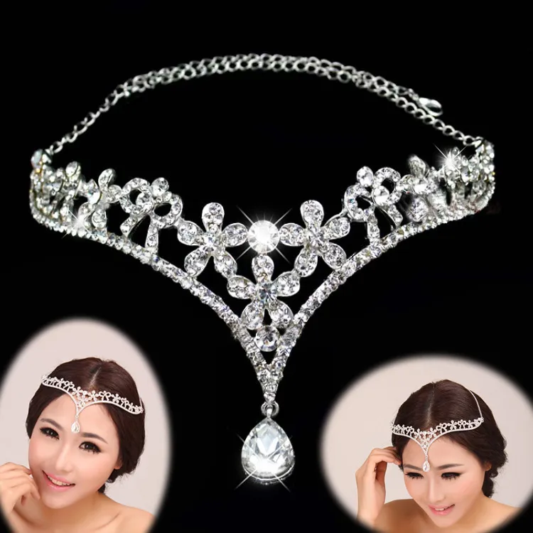 Korean Style Women Headpieces Austria Crystal Flower V Shape Water Drop Crown Tiara Hairwear Wedding Bridal Jewelry Accessory Head Piece