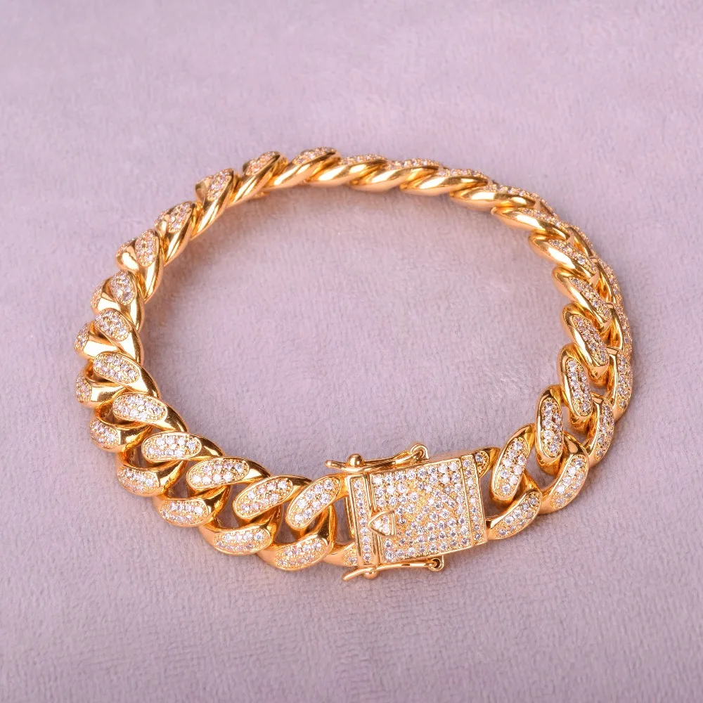 Men's Cuban Bracelet Hip Hop Jewelry Gold Color Top Fashion 12mm Ice Out Cubic Zircon Curb Copper Material Cz Chain