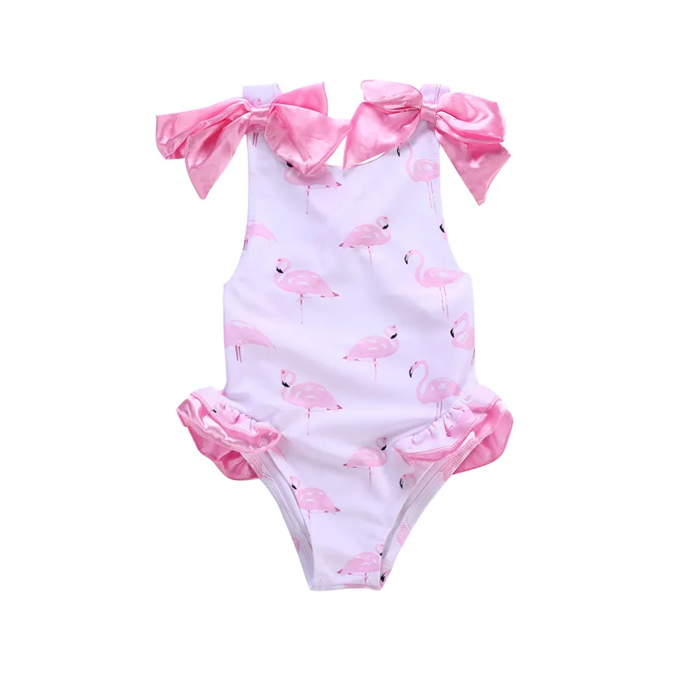 Baby flicka kläder baddräkt flamingo print bikini baddräkt beachwear baddräkt bowknot sommar ärmlös 1-5y