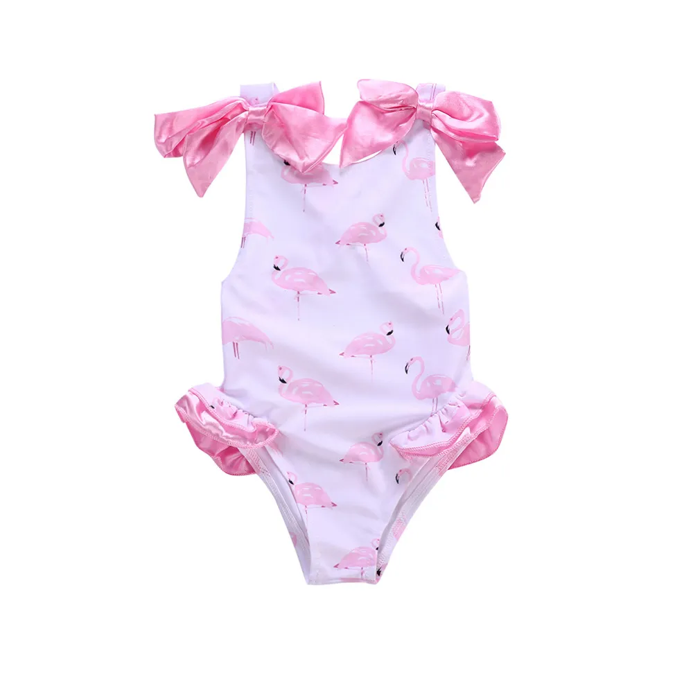 Baby-Mädchen-Kleidung, Bademode, Flamingo-Druck, Bikini, Badeanzug, Strandmode, Badeanzug, Schleife, Sommer, ärmellos, 1–5 Jahre