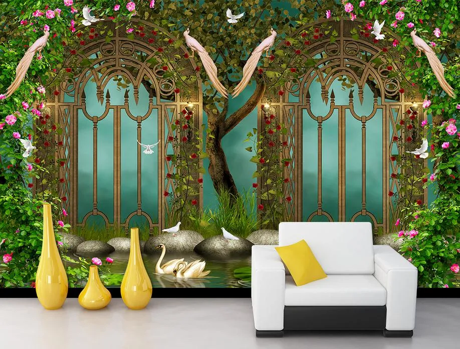 papel de parede Seamless large-scale mural 3D Custom Photo mural Wallpaper Fantasy garden flower wrought iron fairy stone TV sofa background