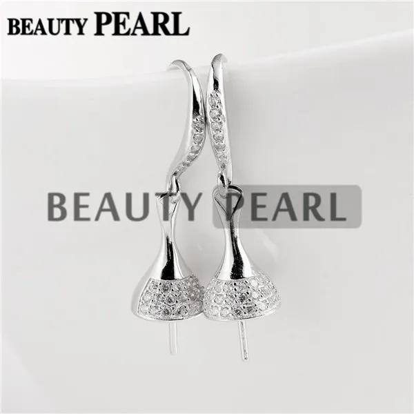 Earrings Setting for Round Pearls and Cabochon 925 Sterling Silver Zircons Hook Earring Findings 