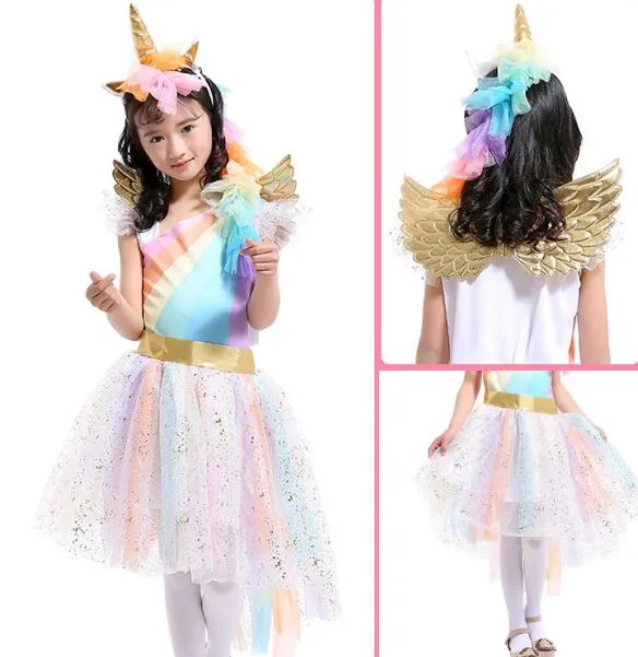 Abbigliamento cosplay bambini Neonate Unicorno Arcobaleno vestito bambini in pizzo Tutu abito da principessa Abiti con 1 fascia unicorno + 1 ali d'oro