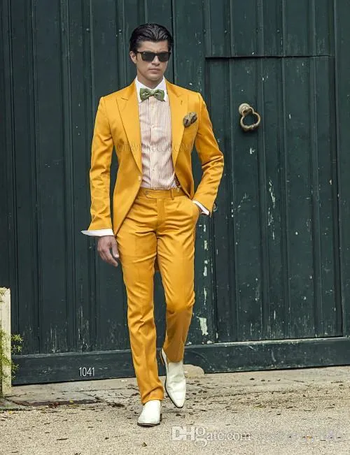 Fashion Yellow Tailcoat Morning Style Men Wedding Tuxedos Peak Lapel One Button Men Formal Dinner Party Prom Suit(Jacket+Pants+Bows+Girdle)9