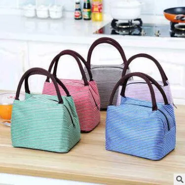 Bento Tassen Dames Draagbare Casual Lunch Tas Canvas Gestreepte Geïsoleerde Cooler Tassen Thermische Voedsel Picknick Lunch Tassen Kids Lunchbox Bag