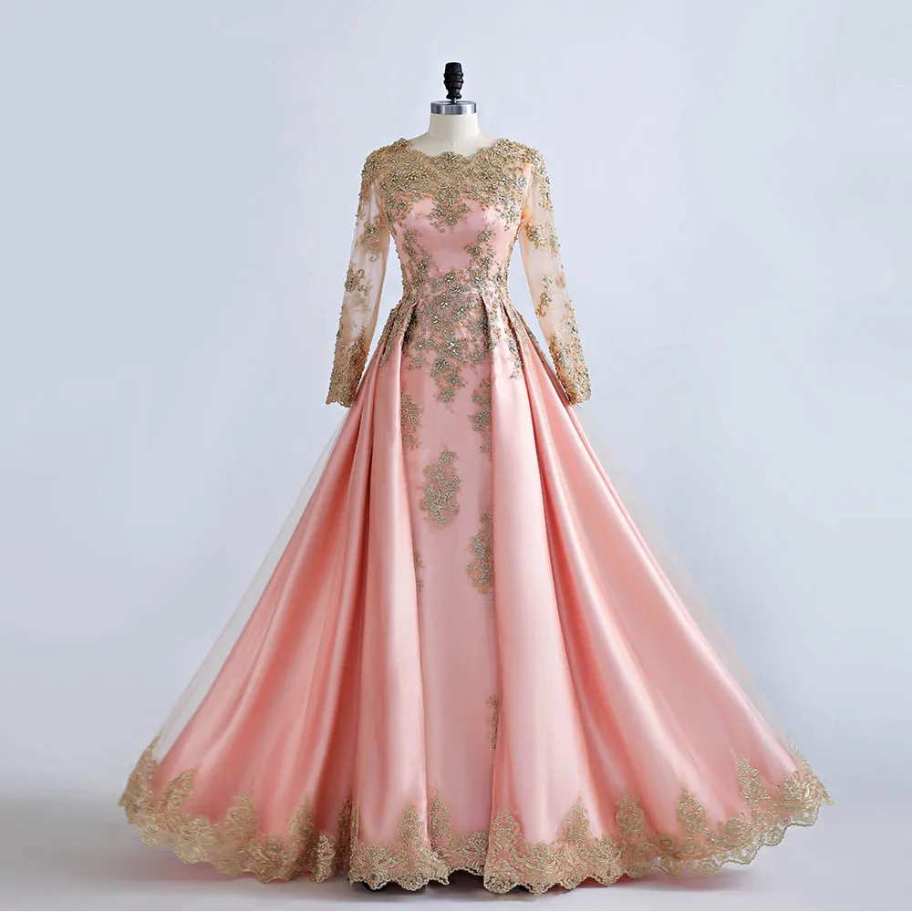 Rose Gold Long Prom Dresses Formal Evening Dress Lace Beaded Floor